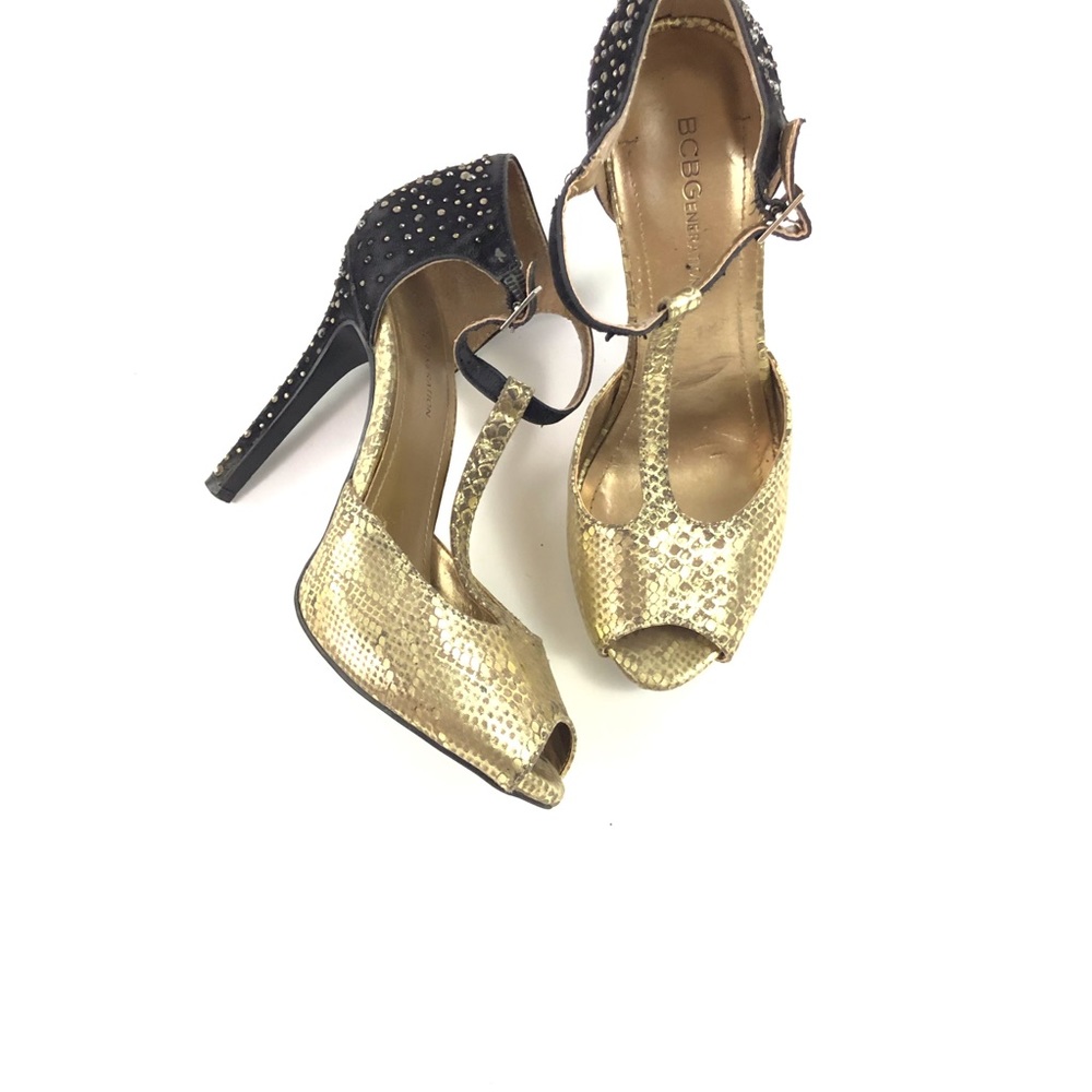 BCBG Gold Peep Toe Jeweled Stiletto Heels 6 36 - Picture 2 of 8